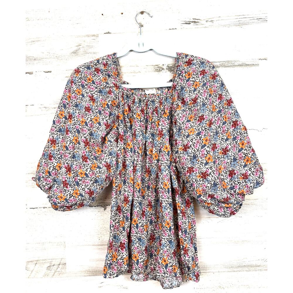 Entro Womens S Multi Floral Cheetah Puff Sleeve Lined Rayon Blouse Boho Chic